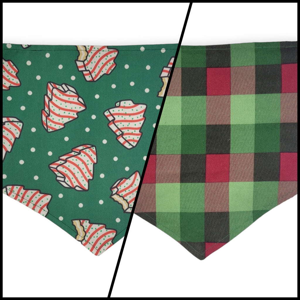 Snack Cake Trees/Red & Green Plaid Reversible Tie-on Bandana (X-Large)