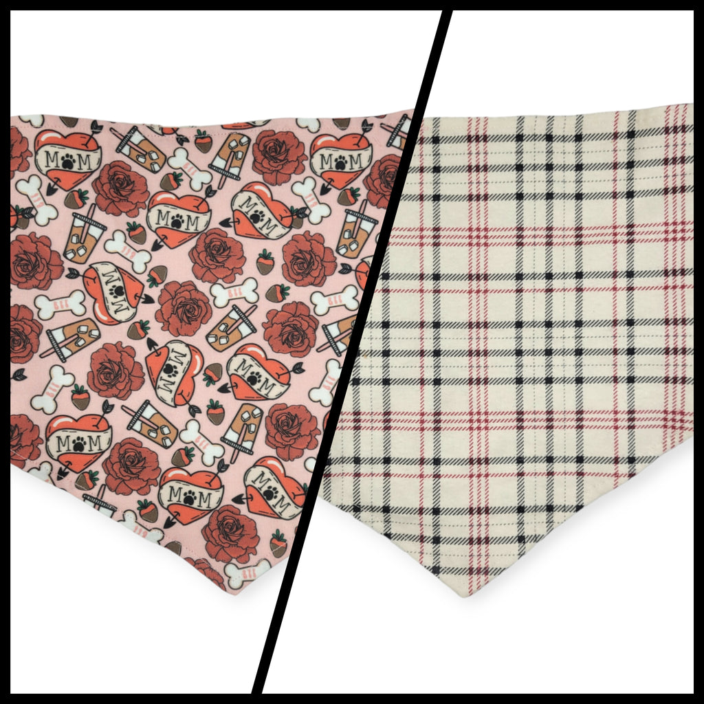 Dog Valentines/ Tan Plaid Reversible Tie-on Bandana (Large)