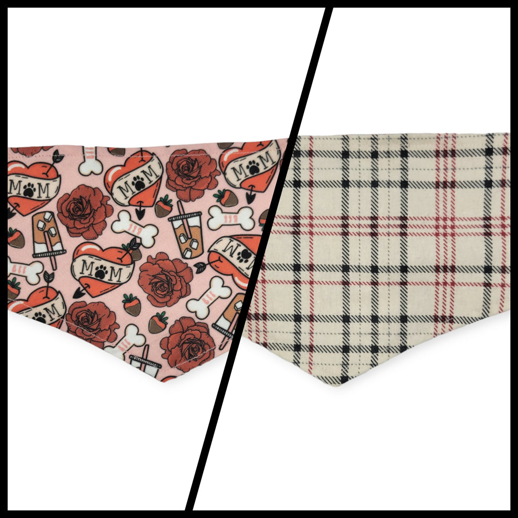 Dog Valentines/ Tan Plaid Reversible Tie-on Bandana (X-Small)