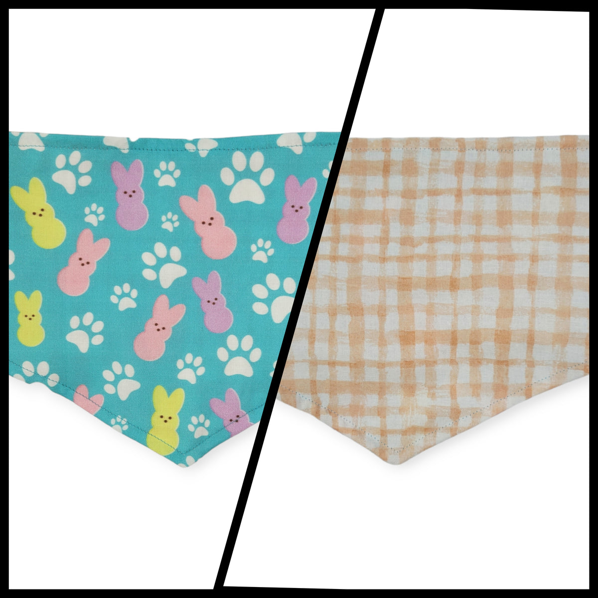 Easter Bunny Paw Prints/ Peach Gingham Plaid Reversible Tie-on Bandana (Small)