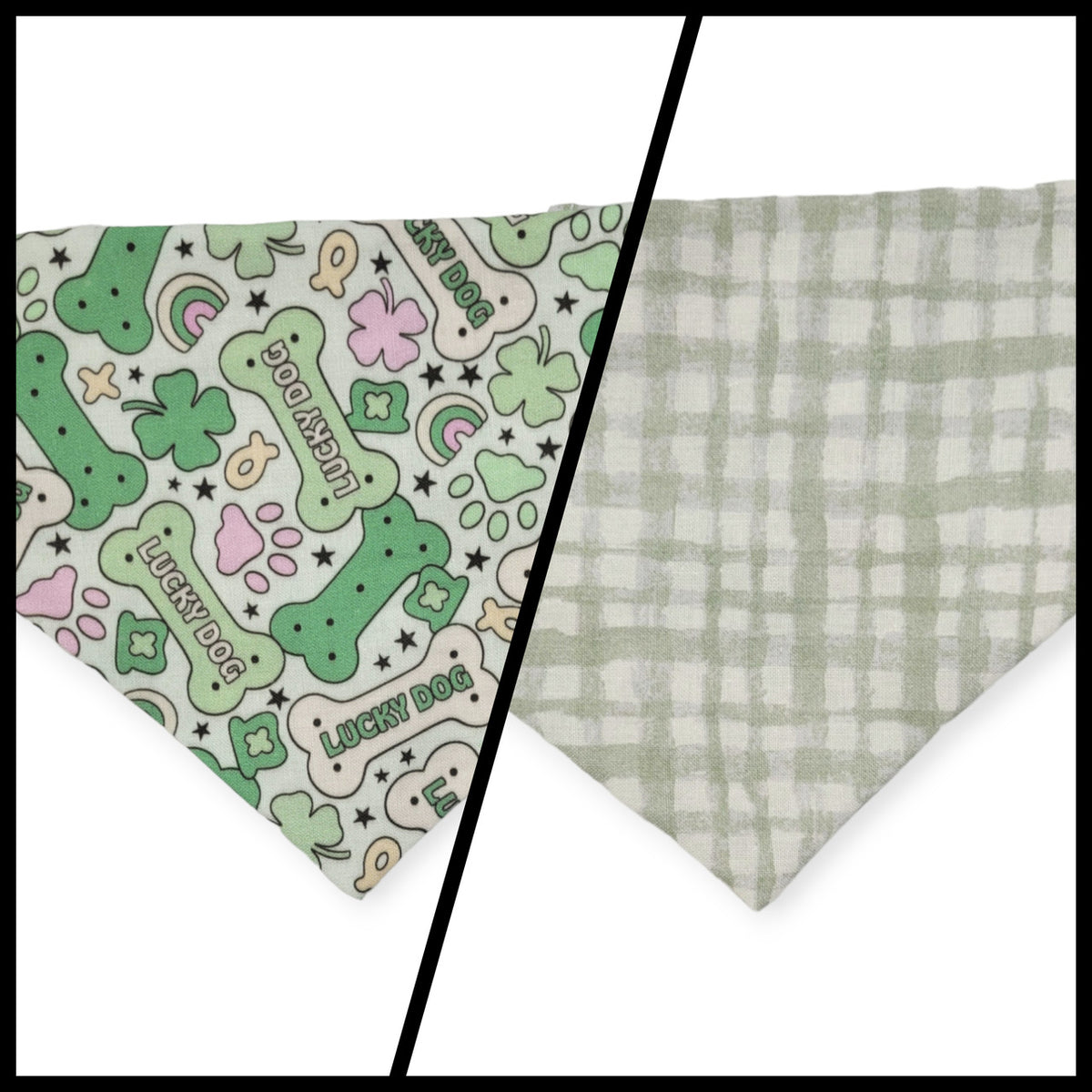 St. Patrick's Day Lucky Dog / Gingham Sage Plaid Slip-on Scrunchie Bandana (X-Small/Small)