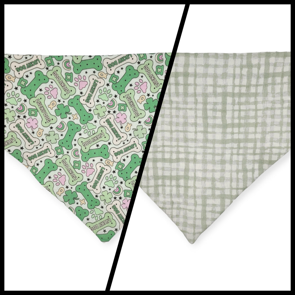 St. Patrick's Day Lucky Dog / Gingham Sage Plaid Slip-on Scrunchie Bandana (X-Large)