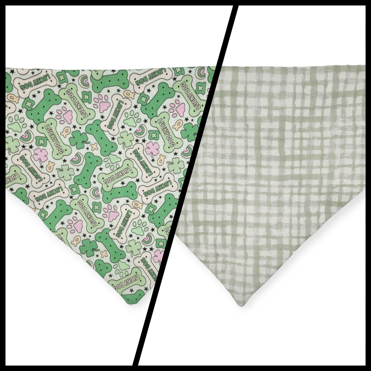 St. Patrick's Day Lucky Dog / Gingham Sage Plaid Slip-on Scrunchie Bandana (X-Large)
