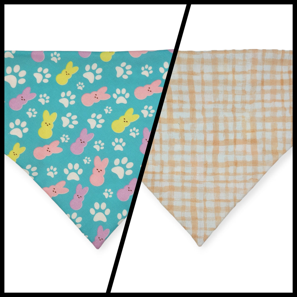 Easter Bunny Paw Prints/ Peach Gingham Plaid Slip-on Scrunchie Bandana (Large)