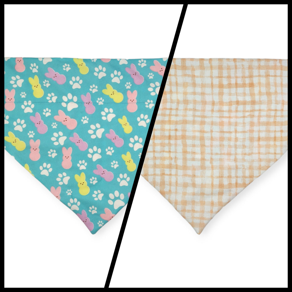 Easter Bunny Paw Prints/ Peach Gingham Plaid Reversible Slide-on Bandana (Large)