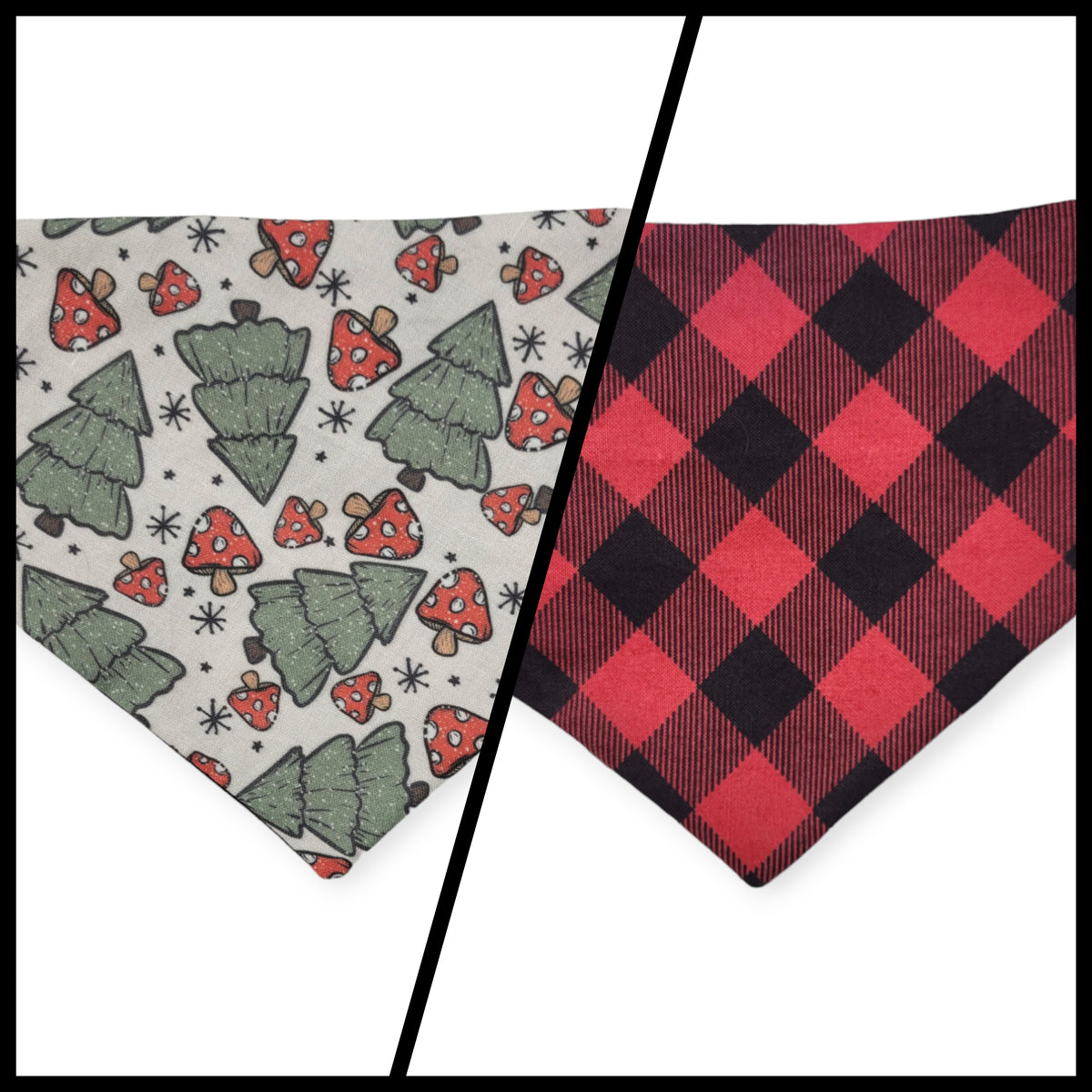 Christmas Mushrooms/Red Buffalo Plaid Slip-on Scrunchie Bandana (Small)