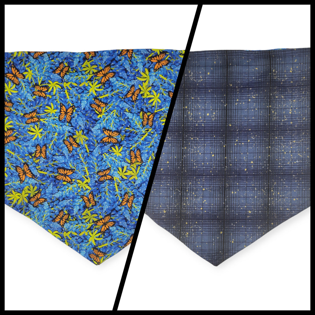 Bluebonnets & Butterflies/Navy Plaid Reversible Tie-on Bandana (X-Large)
