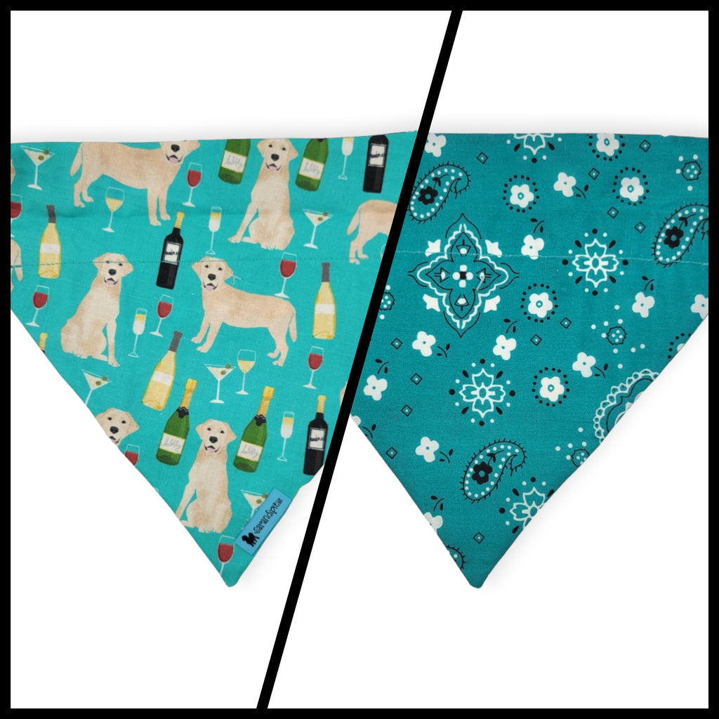 Wine Dogs/ Teal Paisley Reversible Slide-on Bandana (Medium)