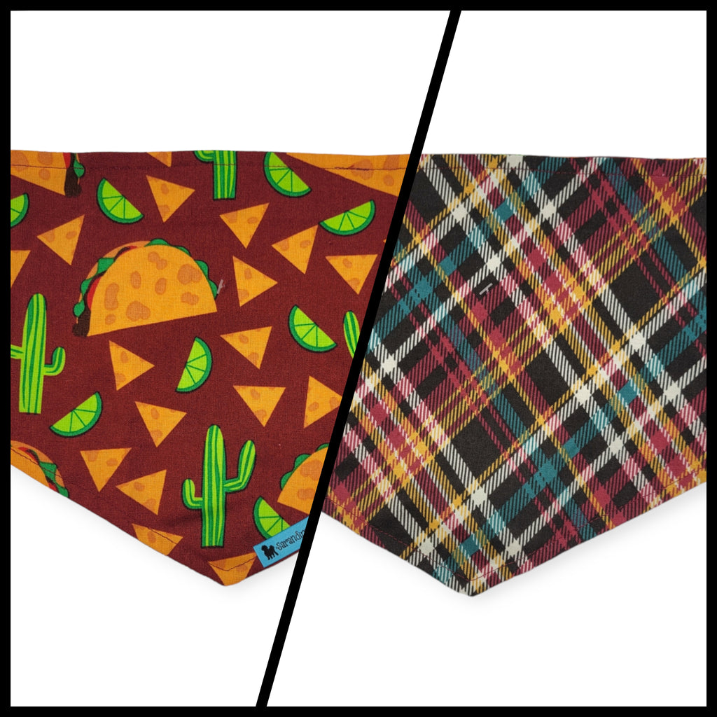 Fiesta/ Burgundy Tartan Plaid Reversible Tie-on Bandana (Medium)