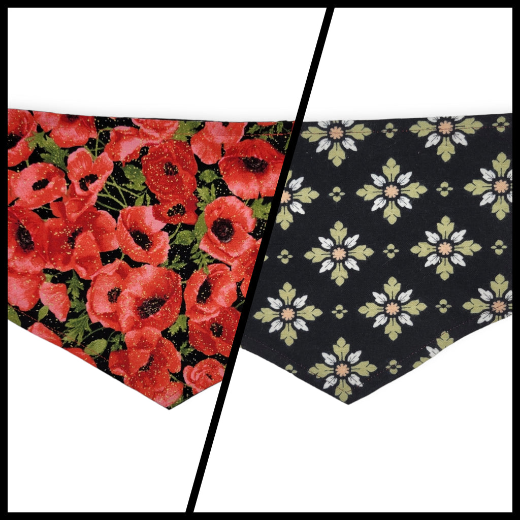 Red Poppy/Black Floral Geometric Reversible Tie-on Bandana (Small)
