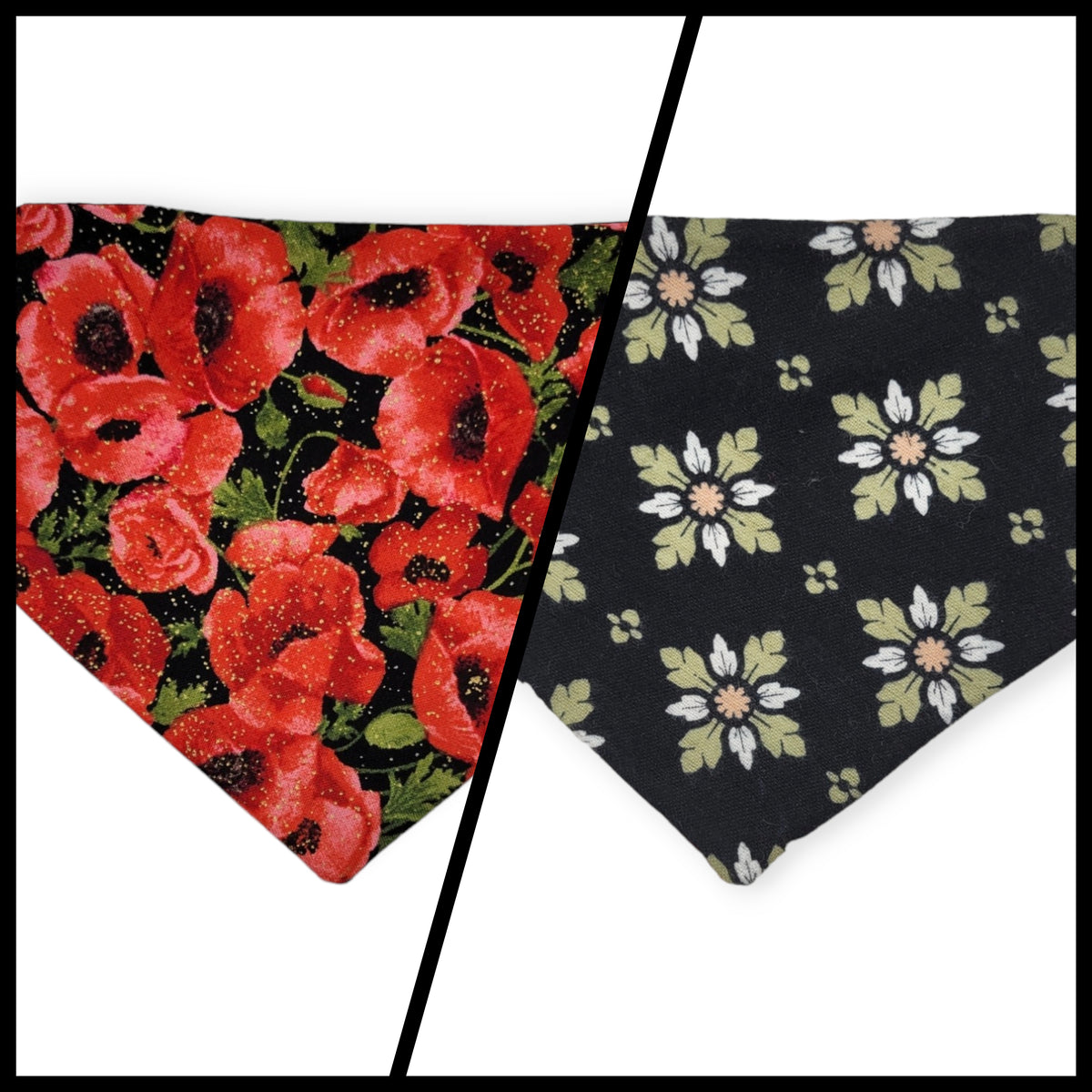 Red Poppy/Black Floral Geometric Reversible Slip-on Scrunchie Bandana (Small)