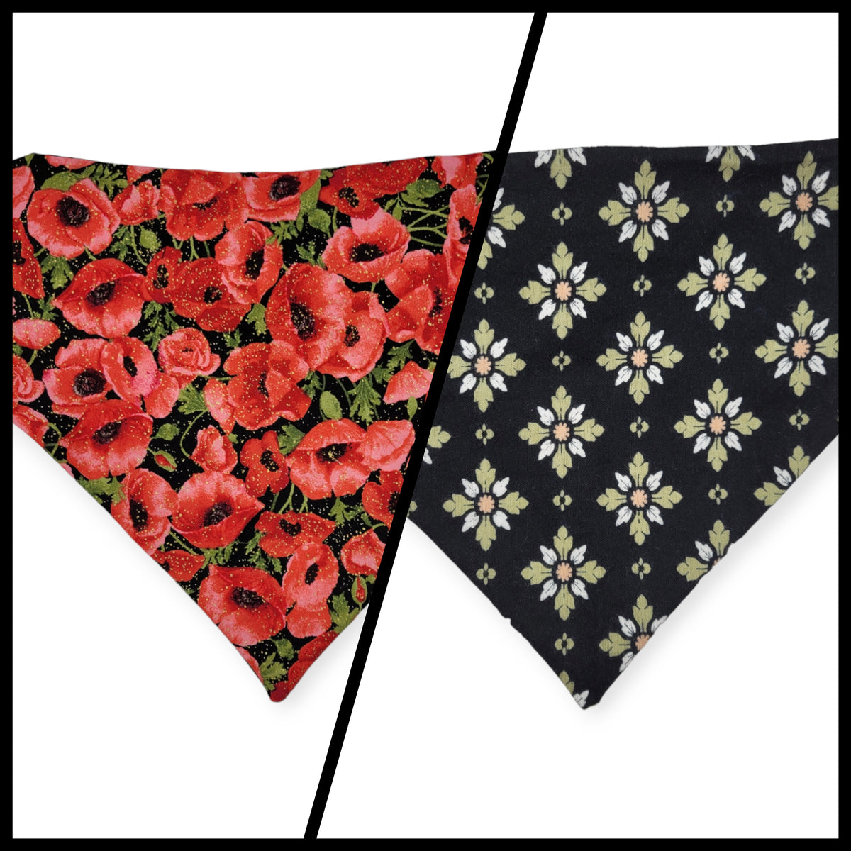 Red Poppy/Black Floral Geometric Slip-on Scrunchie Bandana (Large)