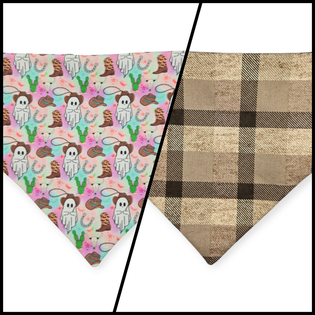 Cowboy Ghosts/Brown Plaid Slip-on Scrunchie Bandana (Medium/Large)