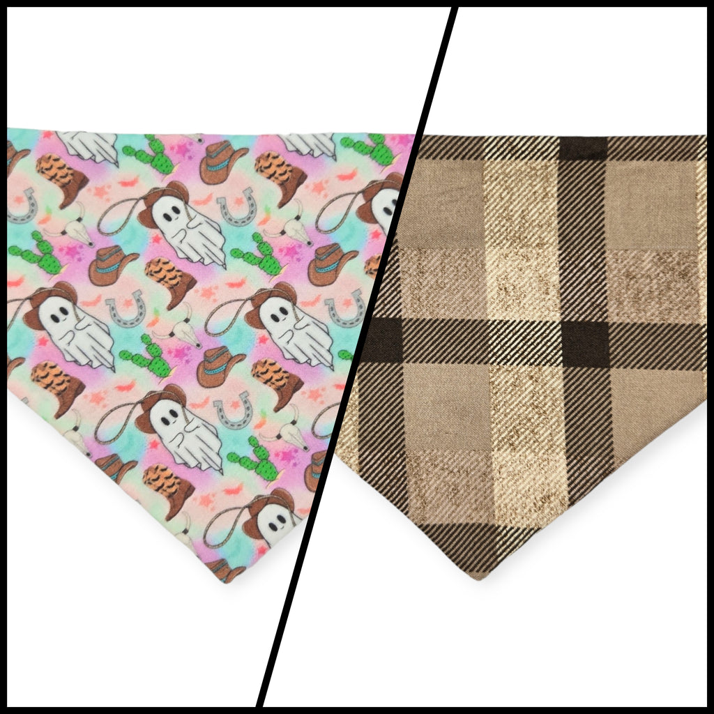 Cowboy Ghosts/Brown Plaid Slip-on Scrunchie Bandana (Small)
