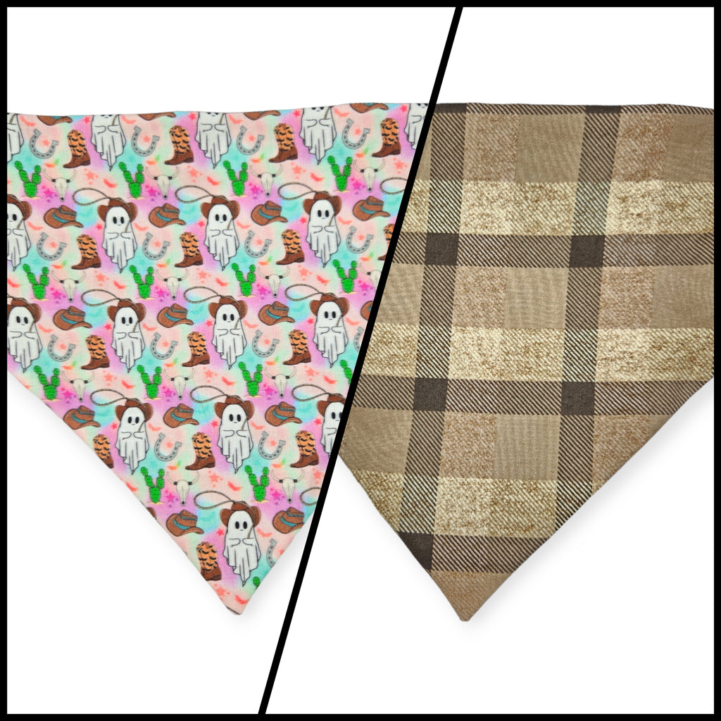 Cowboy Ghosts/Brown Plaid Slip-on Scrunchie Bandana (Large)
