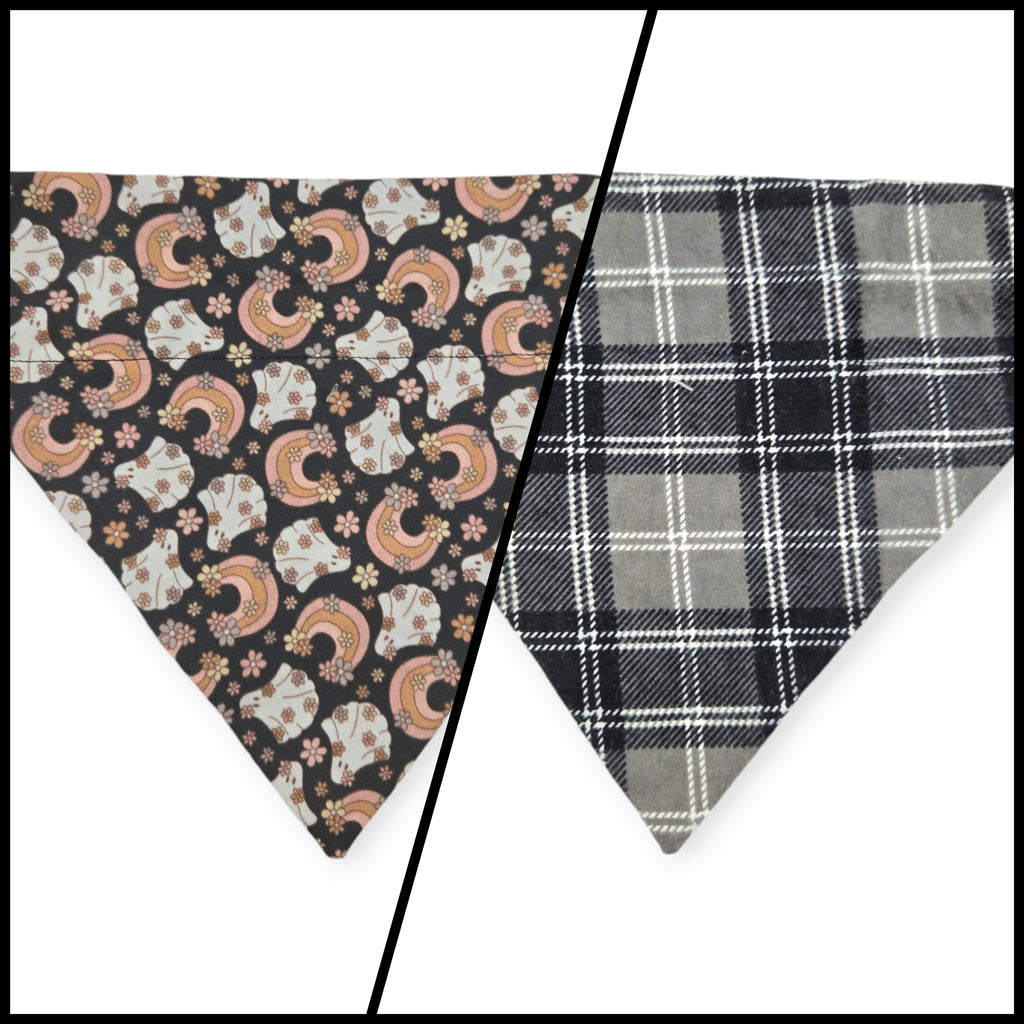 Boho Floral Ghosts/ Gray Plaid Reversible Slide-on Bandana (Medium)