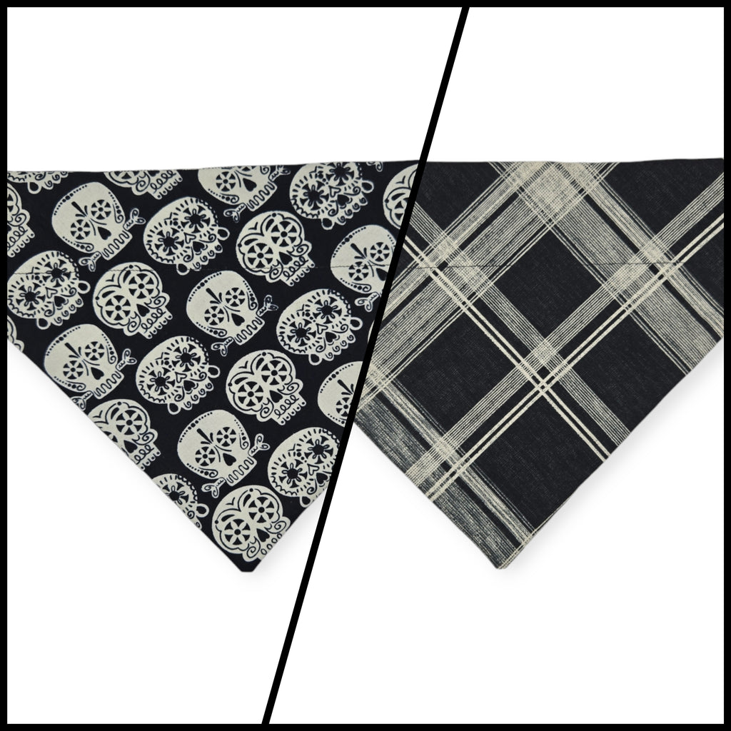 Glow-in-the-dark Sugar Skulls/Black & White Plaid Reversible Slide-on Bandana (Large)