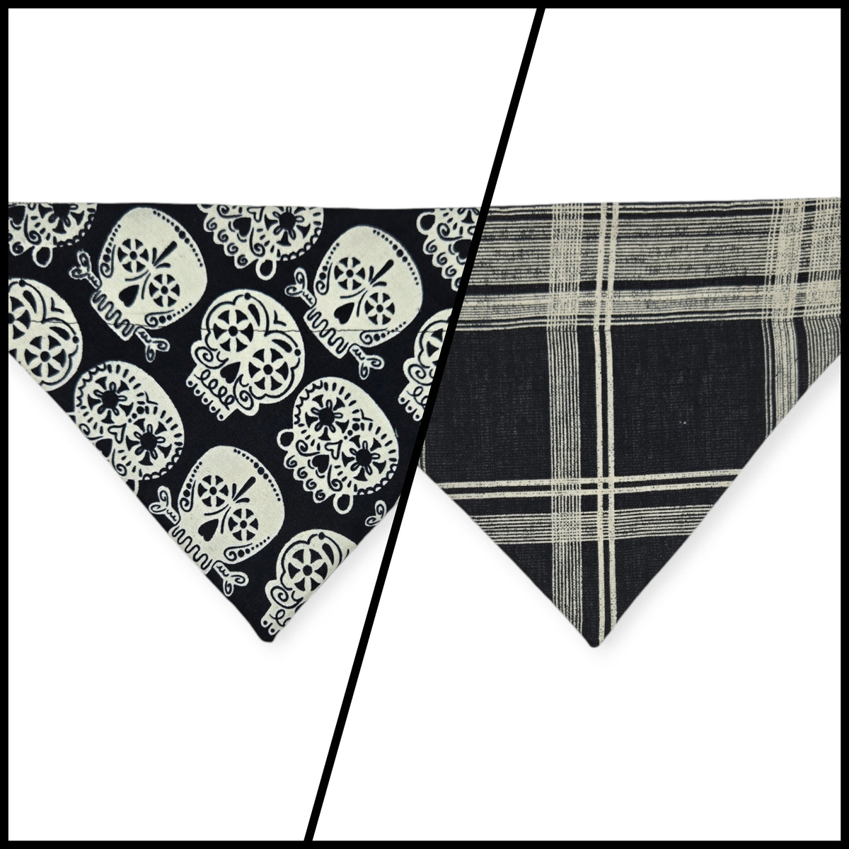 Glow-in-the-dark Sugar Skulls/Black & White Plaid Reversible Slide-on Bandana (Small)