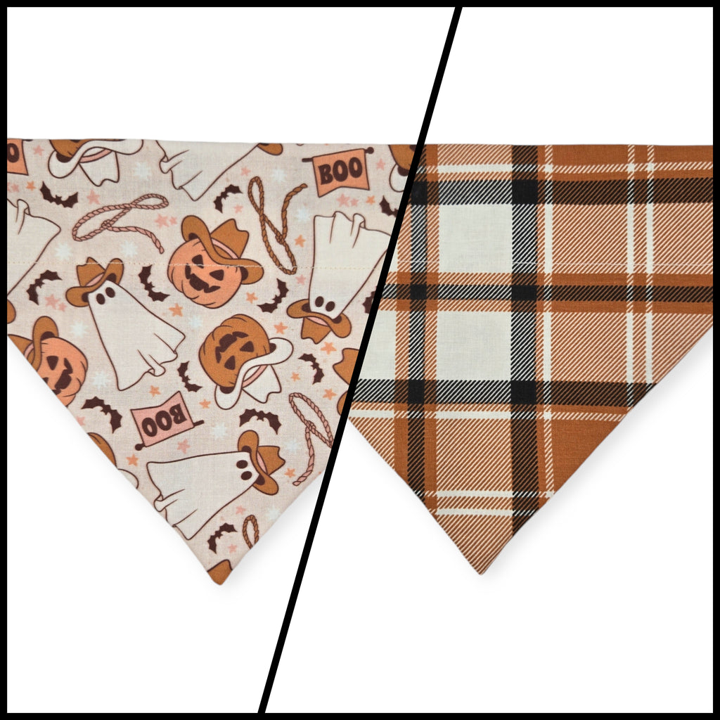 Cowboy Halloween/Burnt Orange Plaid Slide-on Pet Bandana (Medium)