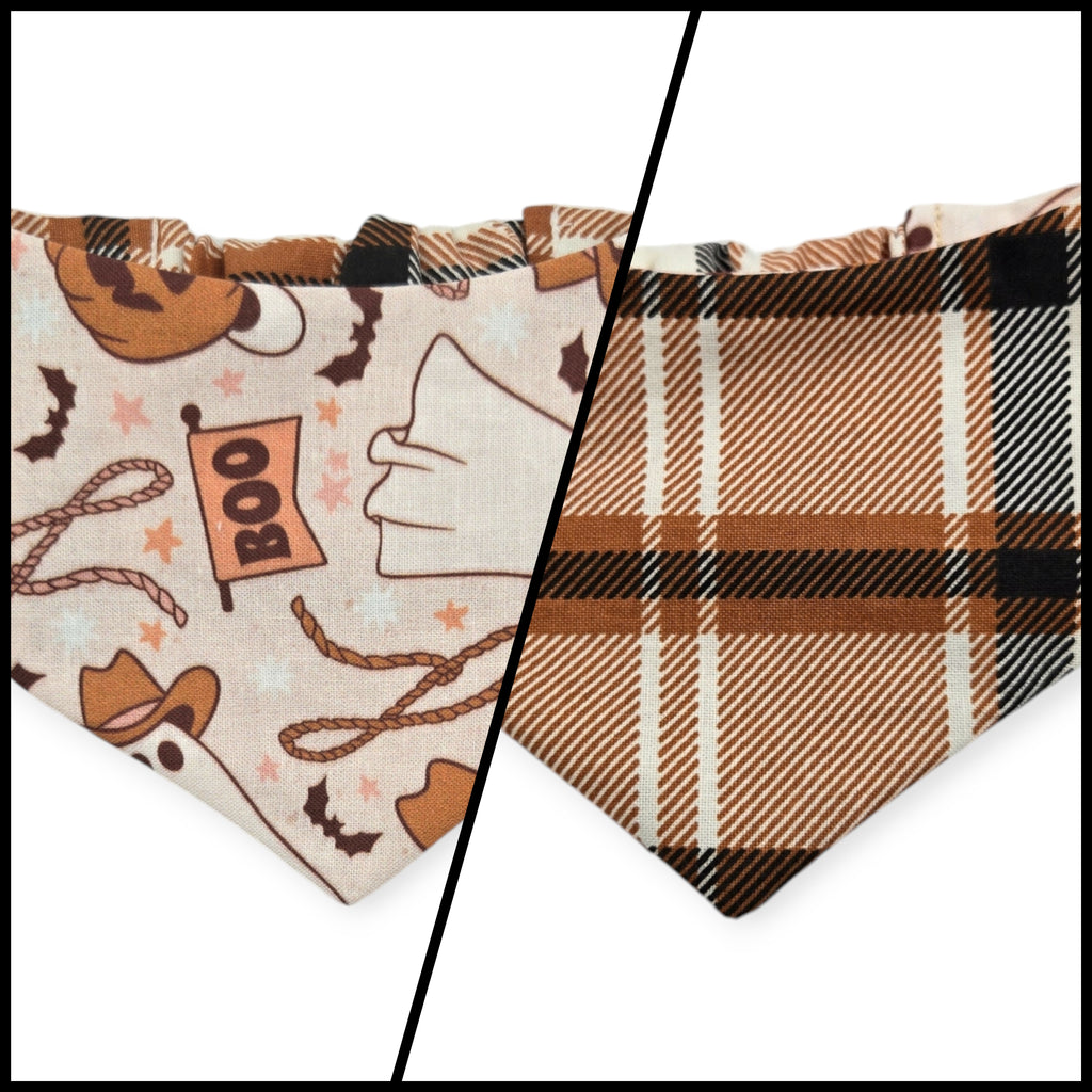 Cowboy Halloween/Burnt Orange Plaid Slip-on Scrunchie Bandana (X-Small)