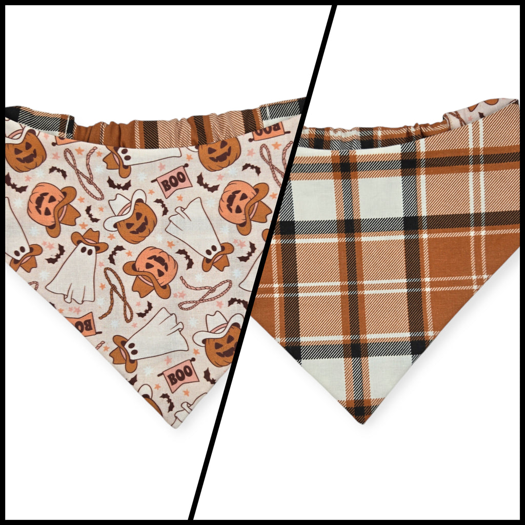 Cowboy Halloween/Burnt Orange Plaid Slip-on Scrunchie Bandana (Large/X-Large)
