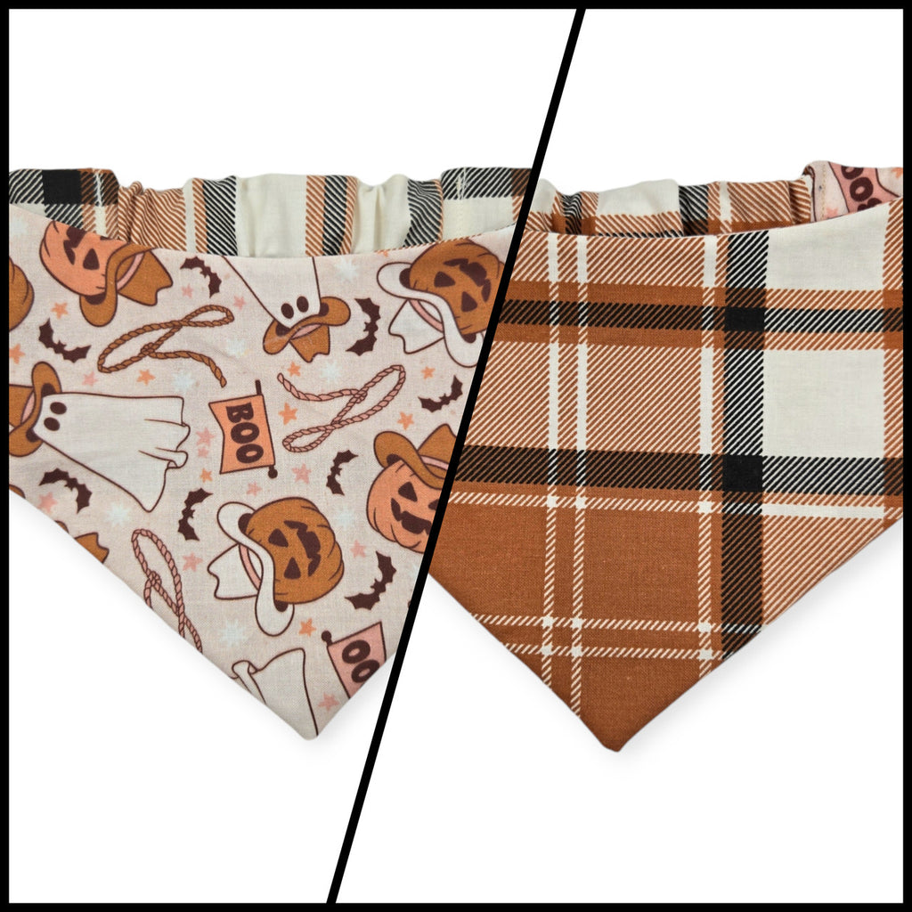 Cowboy Halloween/Burnt Orange Plaid Slip-on Scrunchie Bandana (Small/Medium)
