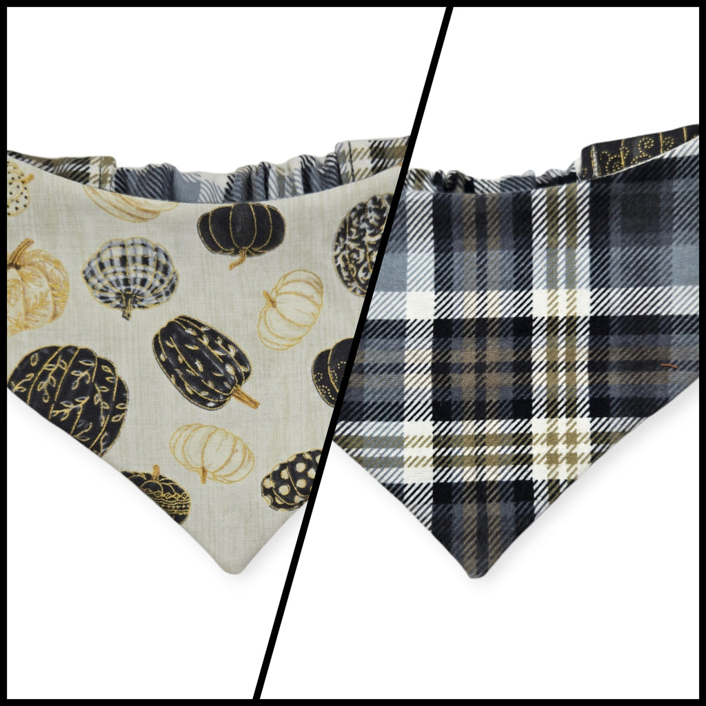 Pumpkin Quilt/Gray & Tan Plaid Slip-on Scrunchie Bandana (Small)