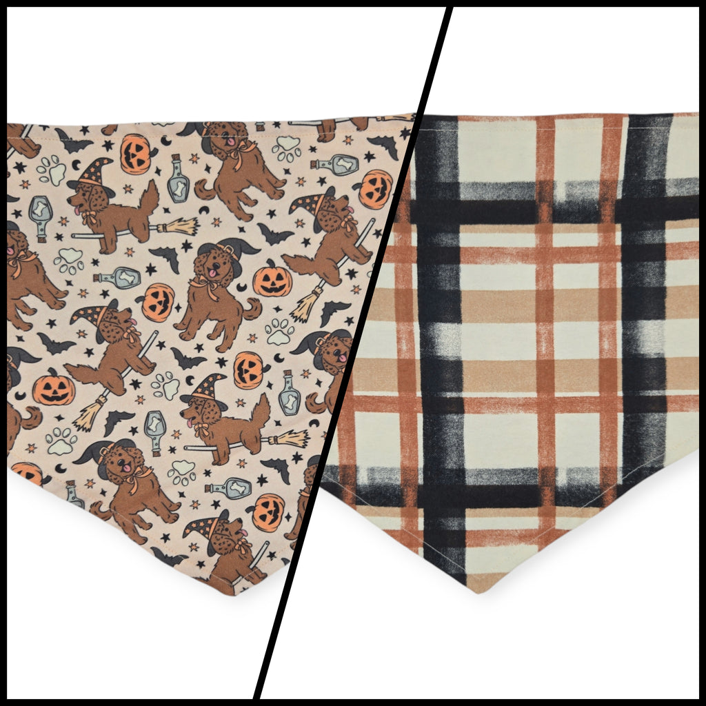 Halloween Witchy Dogs/ Brown Fall Plaid Reversible Reversible Tie-on Bandana (Large)