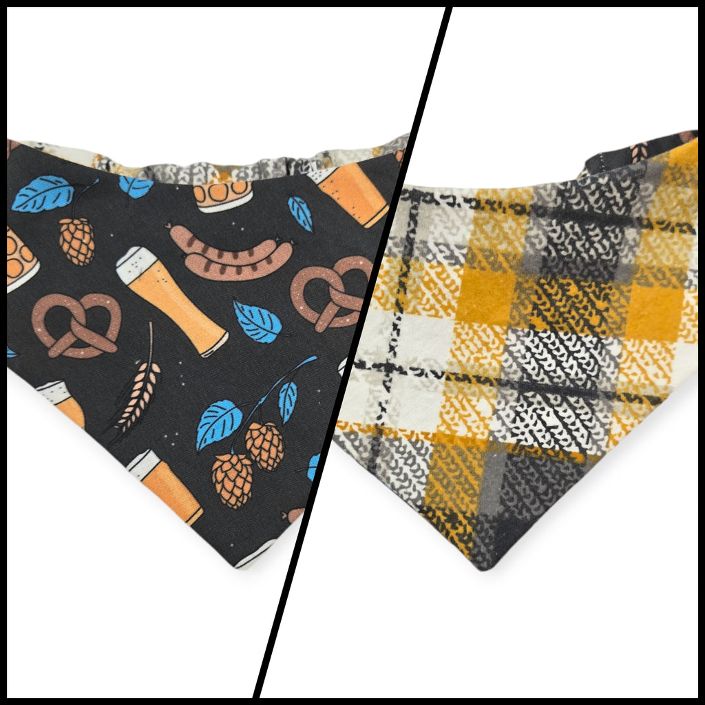 Bavarian Pretzels & Beer/ Gray & Mustard Plaid Slip-on Scrunchie Bandana (Small)
