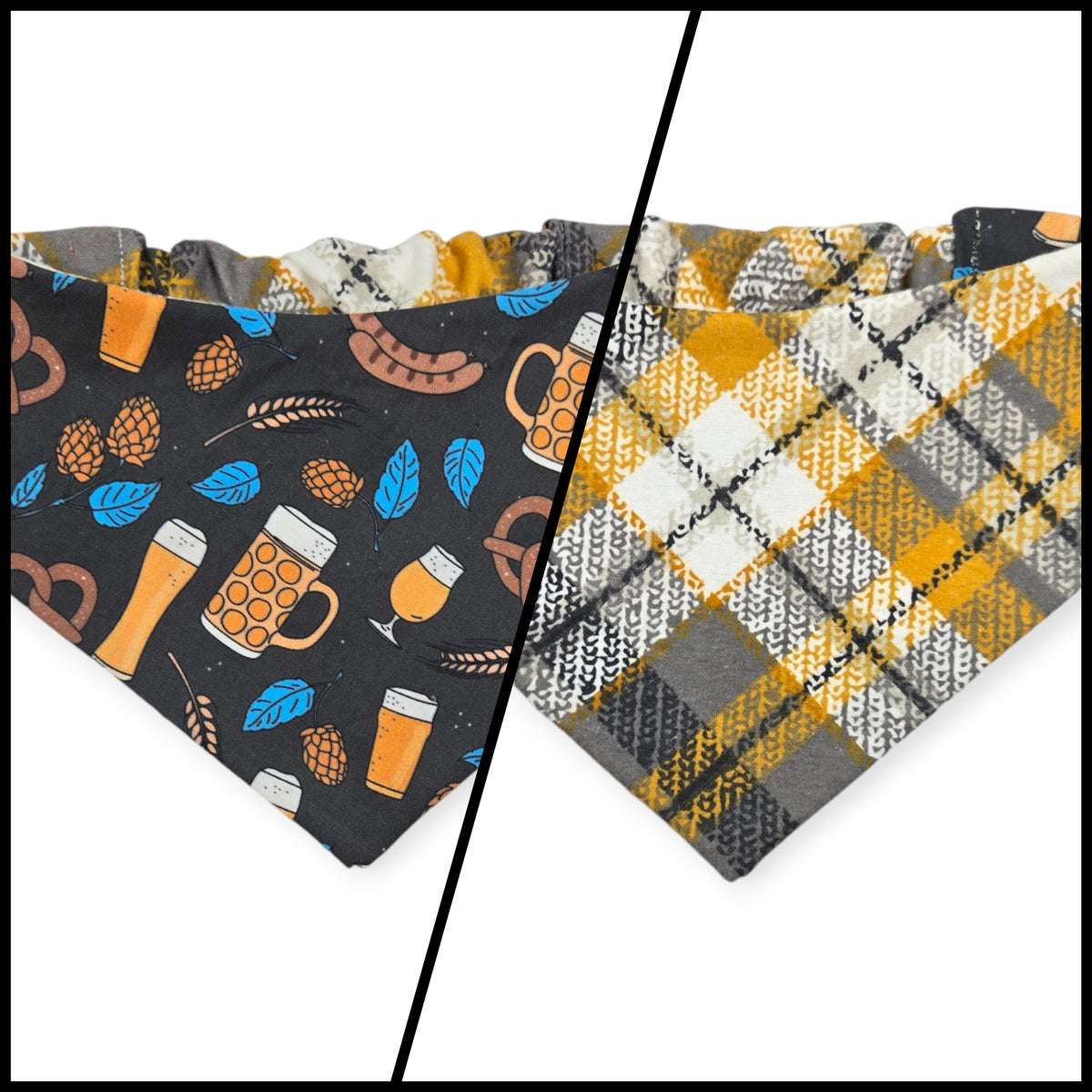 Bavarian Pretzels & Beer/ Gray & Mustard Plaid Slip-on Scrunchie Bandana (Medium)