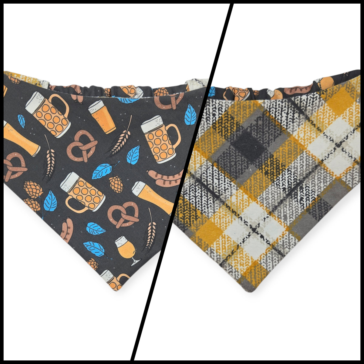 Bavarian Pretzels & Beer/ Gray & Mustard Plaid Slip-on Scrunchie Bandana (Medium/Large)
