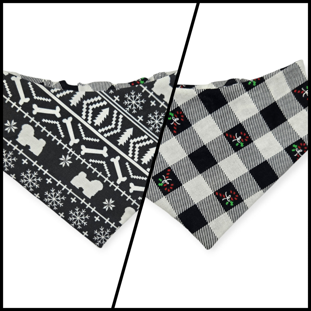 Fair Isle Black/Black & White Buffalo Plaid V2 Slip-on Scrunchie Bandana (Small)