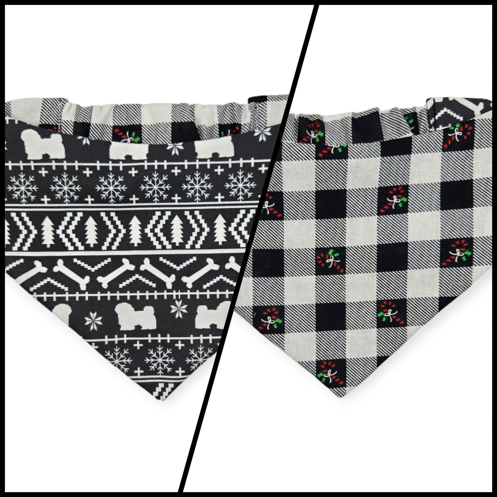 Fair Isle Black/Black & White Buffalo Plaid Reversible Slip-on Scrunchie Bandana (Medium)