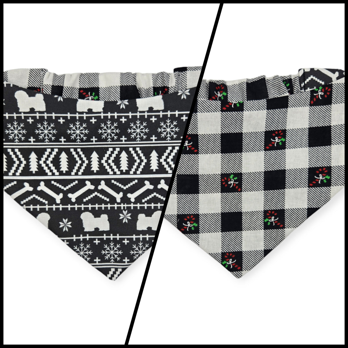 Fair Isle Black/Black & White Buffalo Plaid Reversible Slip-on Scrunchie Bandana (Medium)