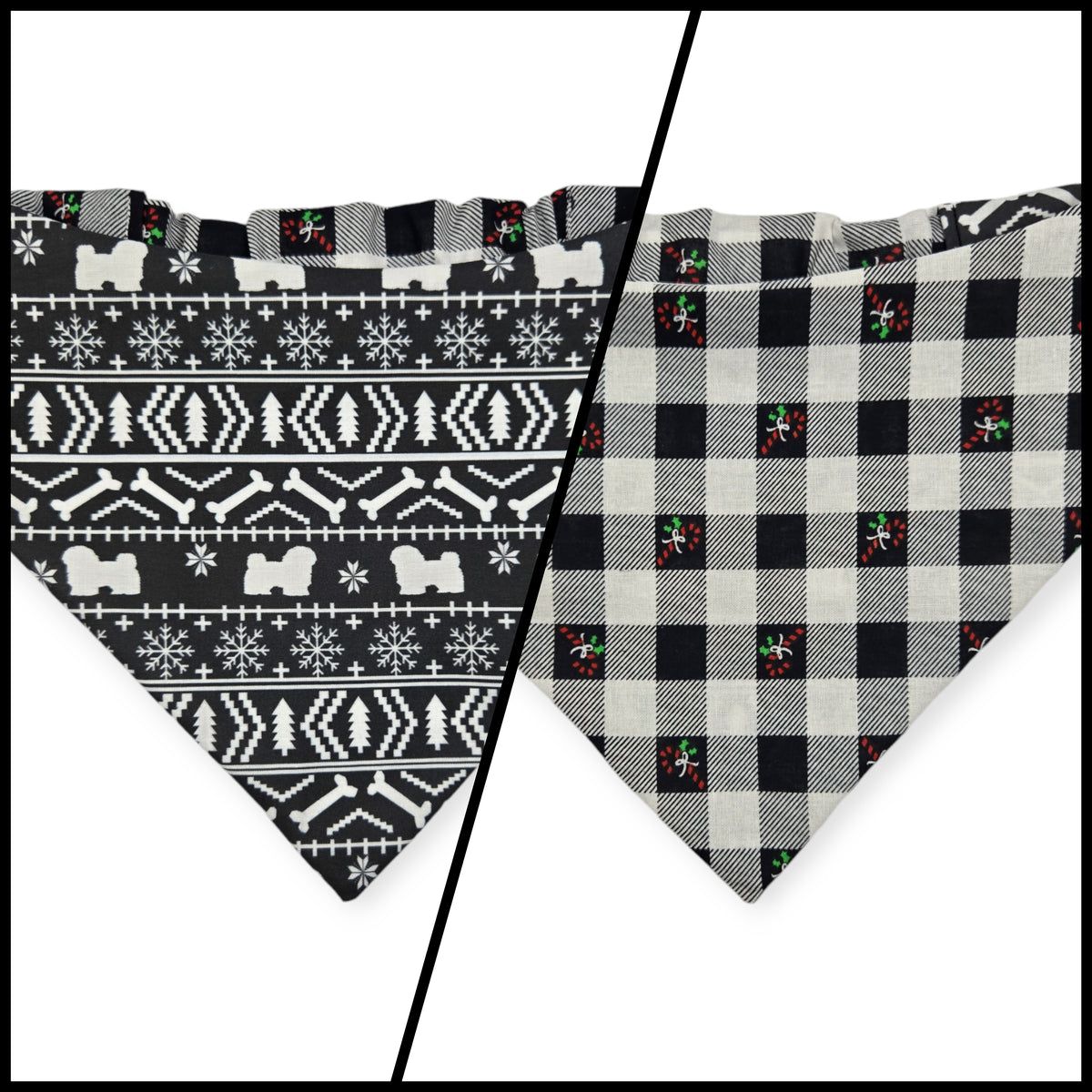 Fair Isle Black/Black & White Buffalo Plaid Reversible Slip-on Scrunchie Bandana (Large)