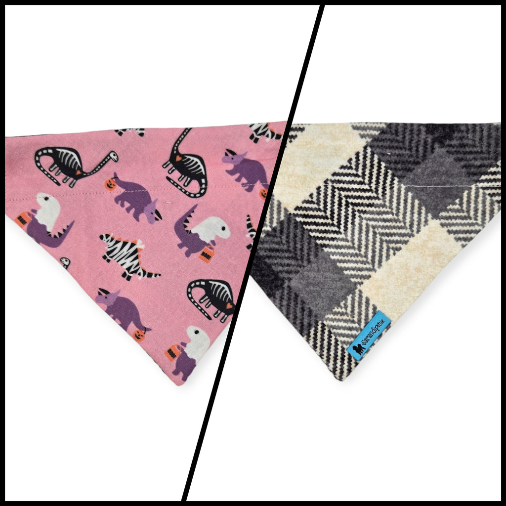 Halloween Dinosaurs/Gray Plaid Reversible Slide-on Bandana (Small)