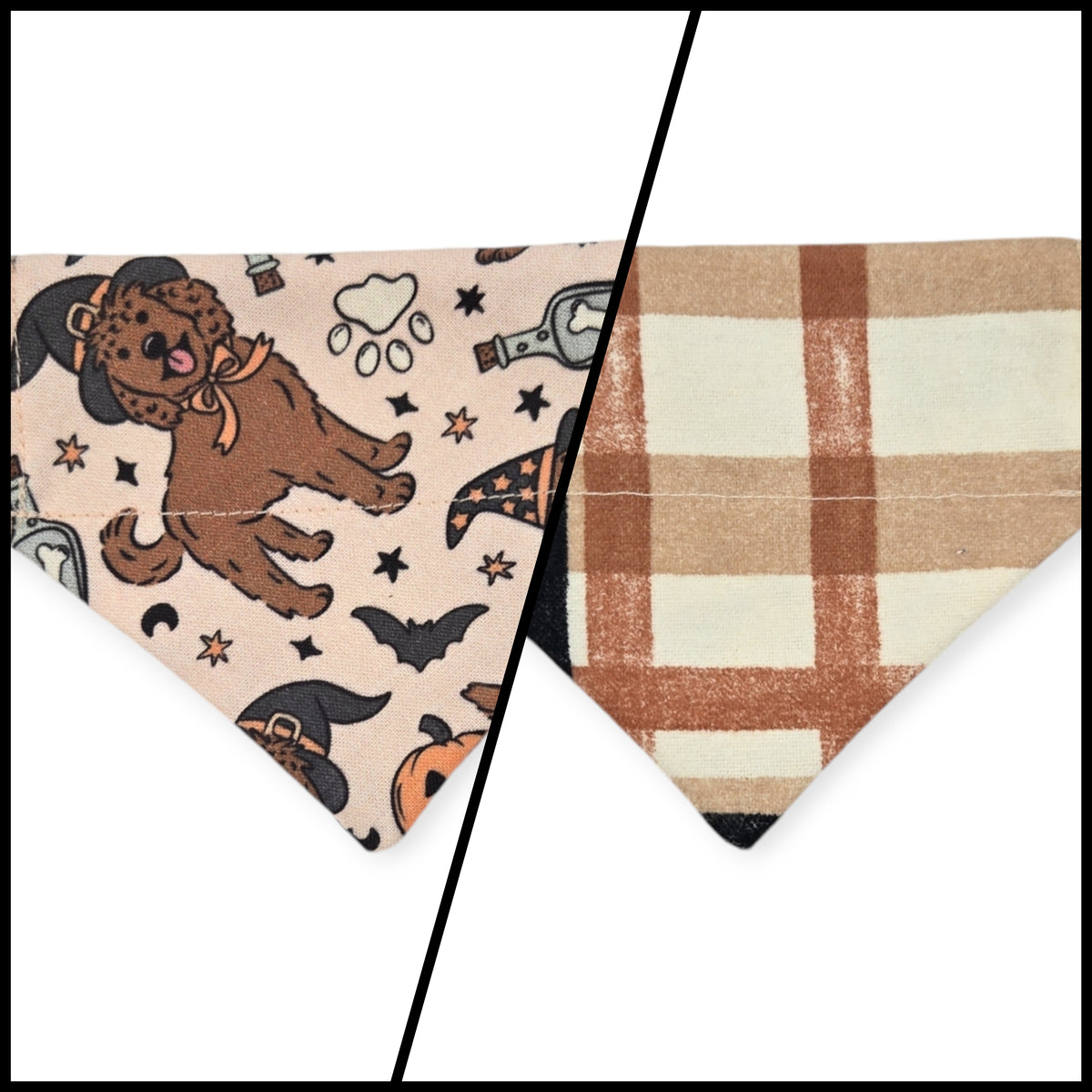 Halloween Witchy Dogs/ Brown Fall Plaid Reversible Slide-on Bandana (XX-Small)