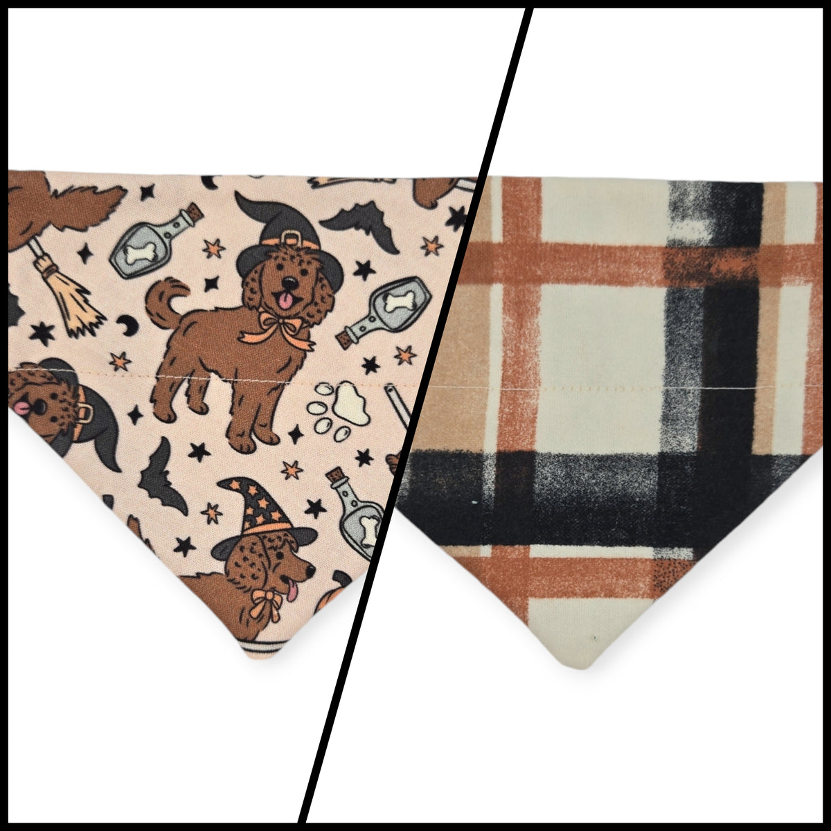 Halloween Witchy Dogs/ Brown Fall Plaid Reversible Slide-on Bandana (X-Small)