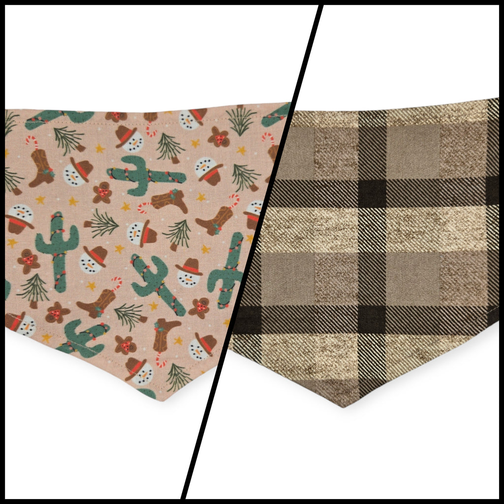 Cowboy Christmas/Brown Plaid Reversible Tie-on Bandana (Small)