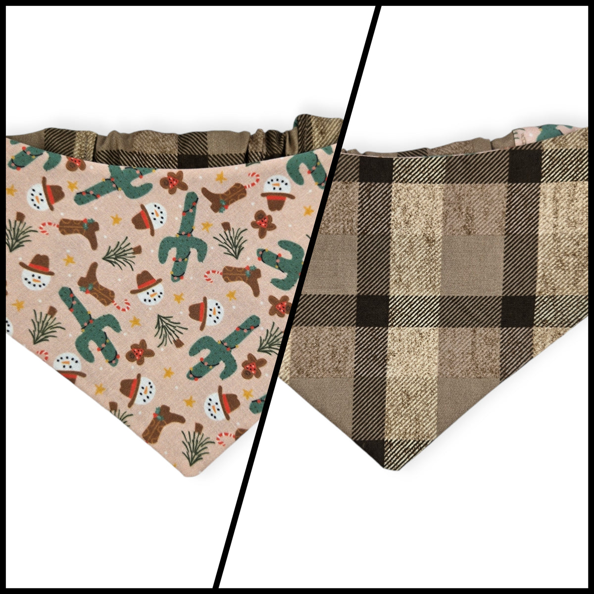Cowboy Christmas/Brown Plaid Reversible Slip-on Scrunchie Bandana (Medium)
