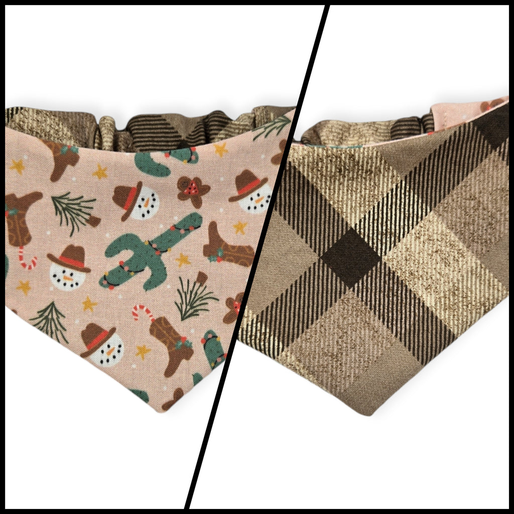 Cowboy Christmas/Brown Plaid Reversible Slip-on Scrunchie Bandana (X-Small)