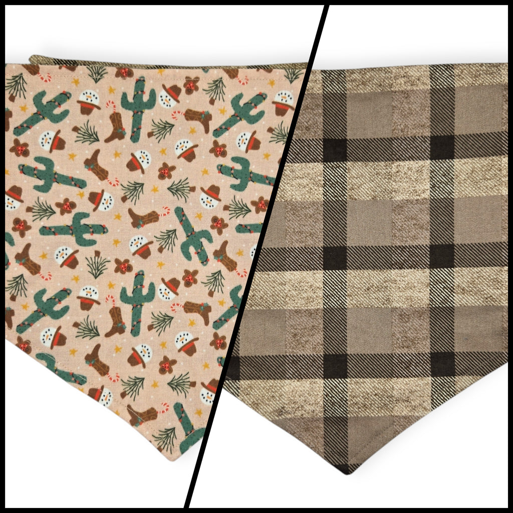 Cowboy Christmas/Brown Plaid Reversible Tie-on Bandana (Large)