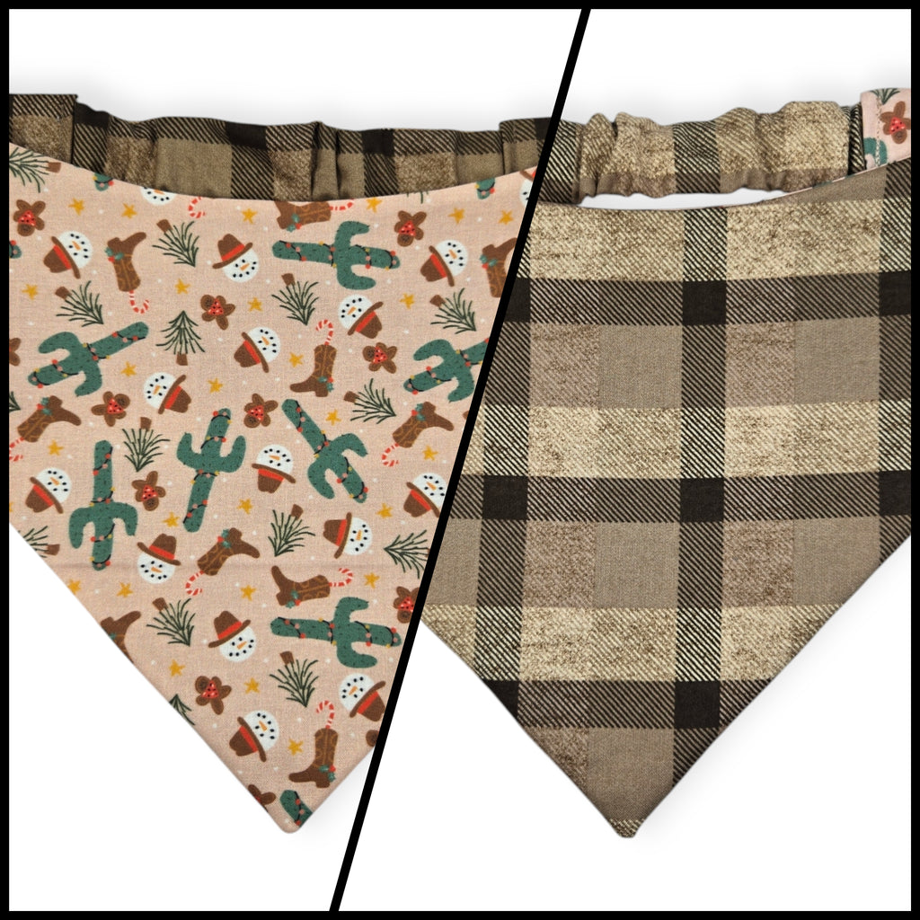 Cowboy Christmas/Brown Plaid Reversible Slip-on Scrunchie Bandana (Large/X-Large)