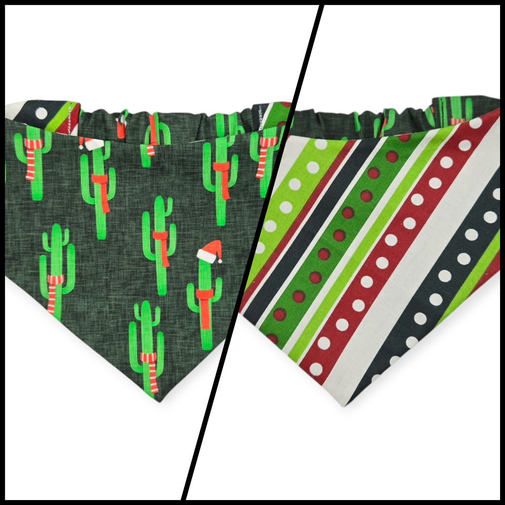 Christmas Cactus/Whimsical Stripes Reversible Slip-on Scrunchie Bandana (Medium)