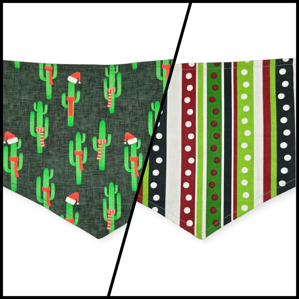 Christmas Cactus/Whimsical Stripes Tie-on Bandana (Medium)