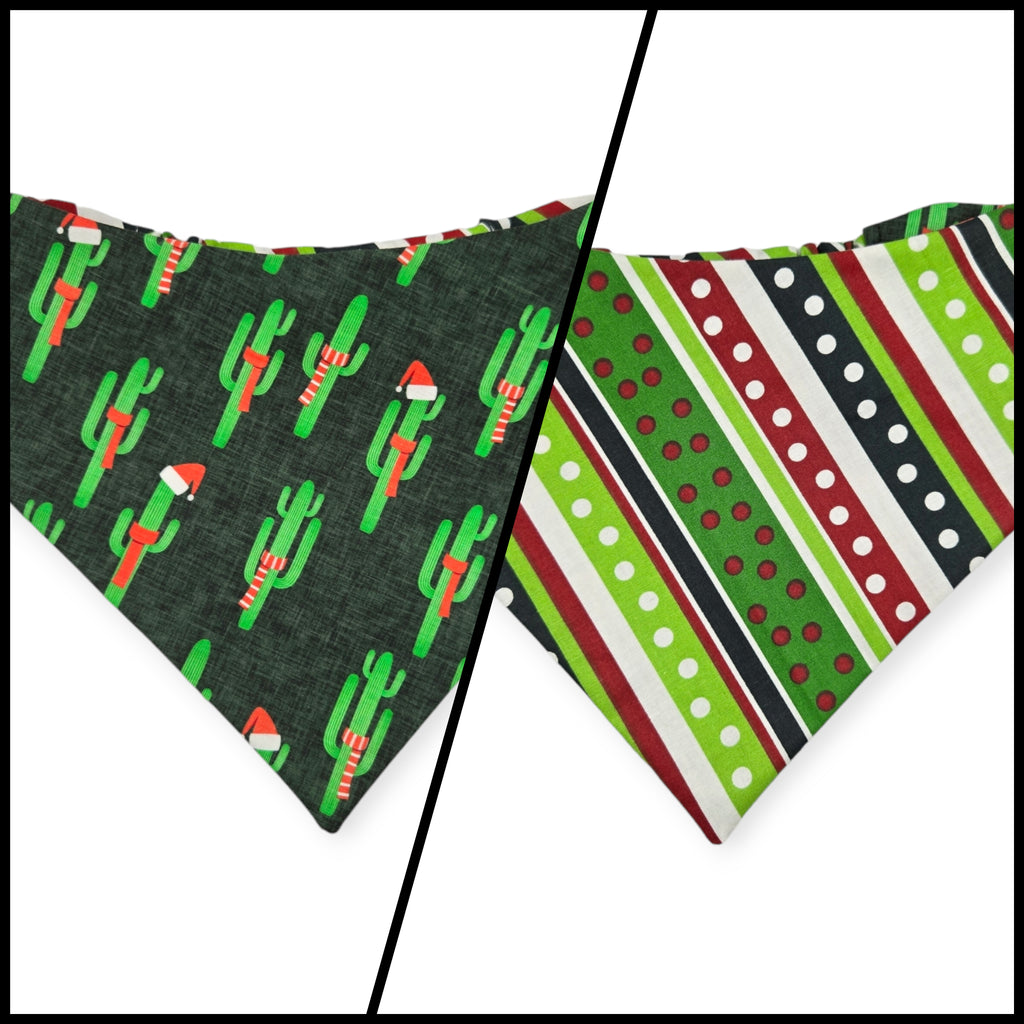 Christmas Cactus/Whimsical Stripes Slip-on Scrunchie Bandana (Large)