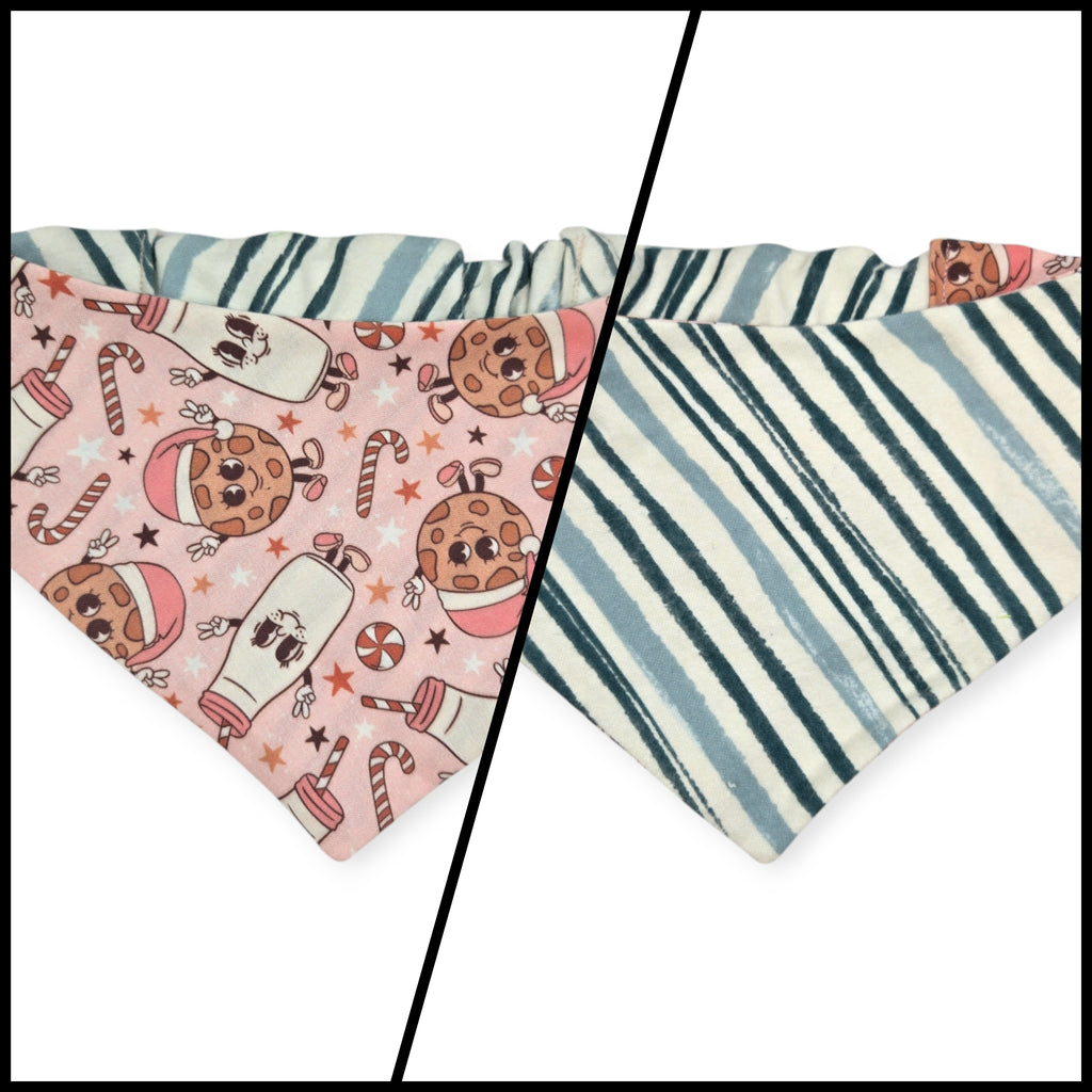 Vintage Milk & Cookies/Green Stripe Reversible Slip-on Scrunchie Bandana (Medium)