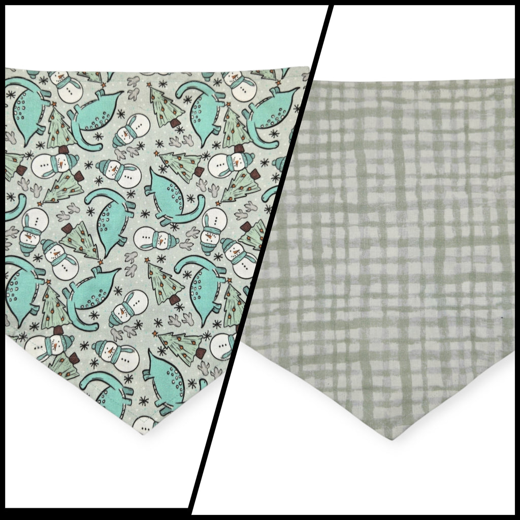 Winter Dinosaurs/Sage Green Plaid Reversible Tie-on Bandana (Large)