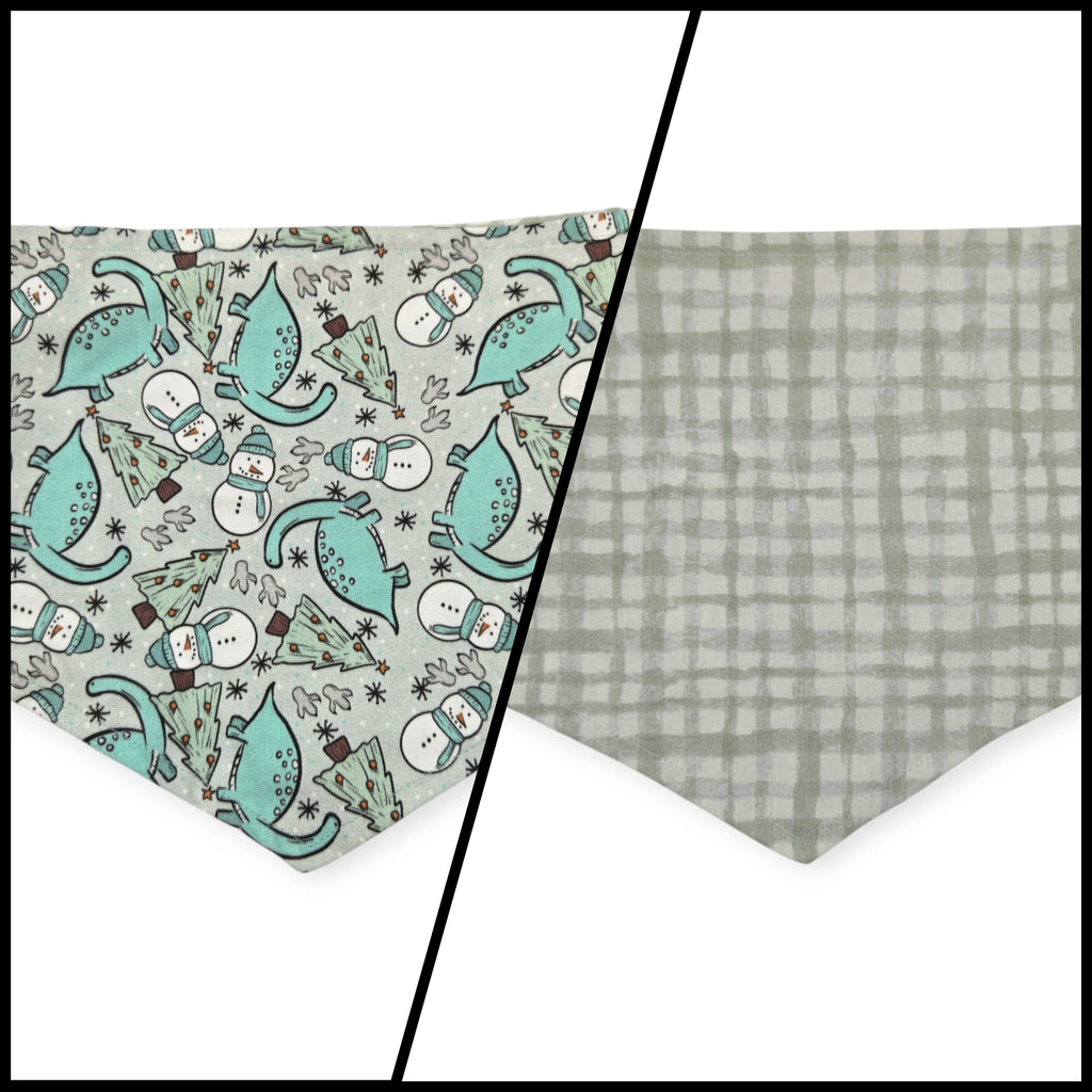 Winter Dinosaurs/Sage Green Plaid Reversible Tie-on Bandana (Medium)