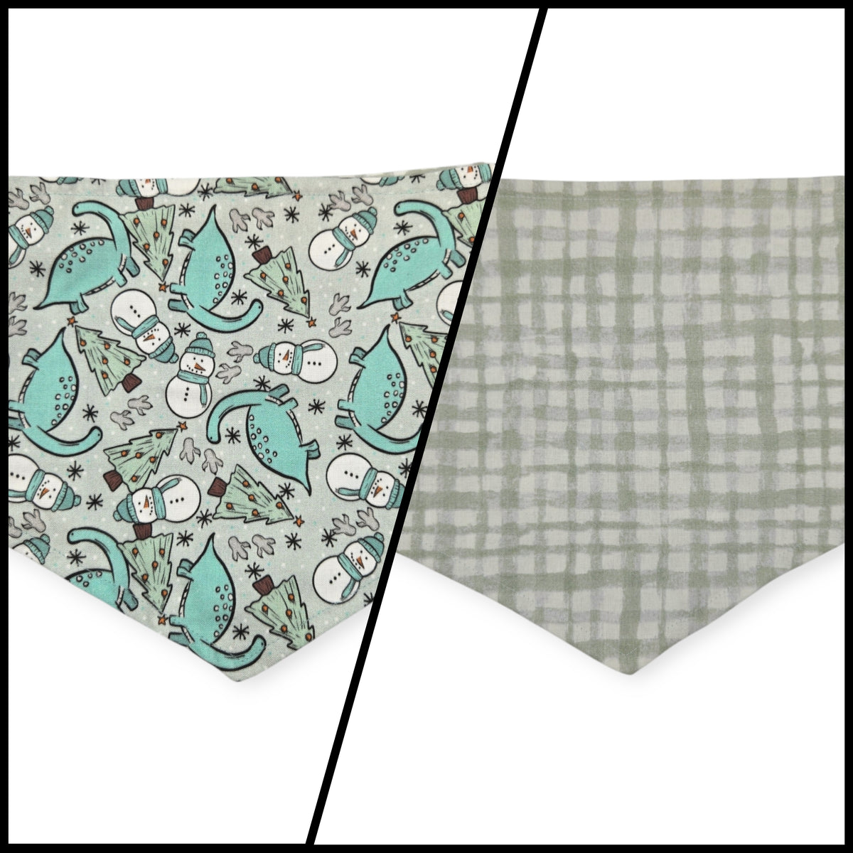 Winter Dinosaurs/Sage Green Plaid Reversible Tie-on Bandana (Medium)